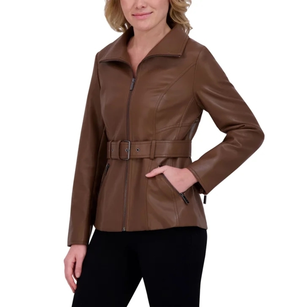 Kenneth Cole Brown Leather Belted Jacket